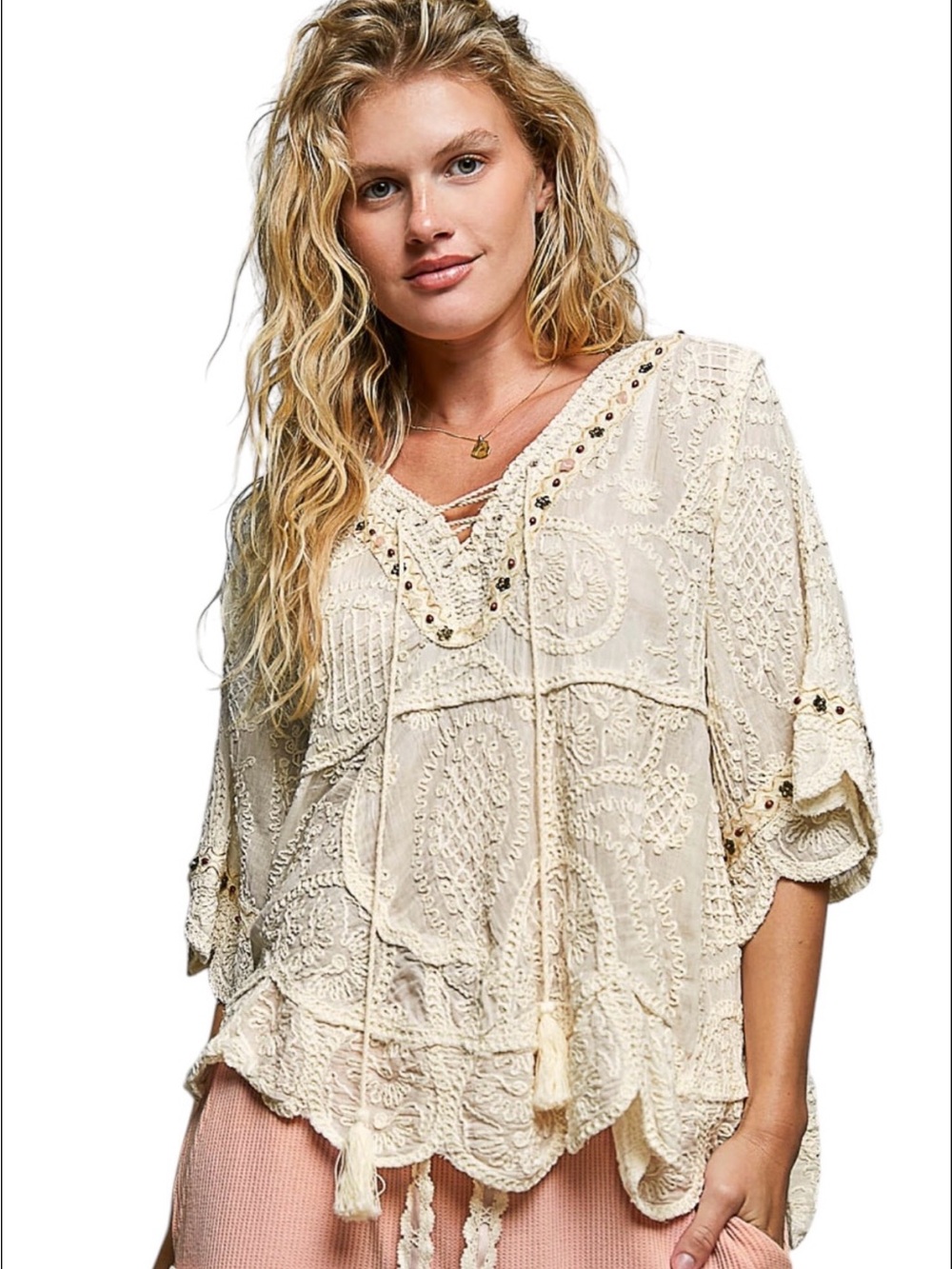 POL Cream Lace Boho Tunic with Tassels